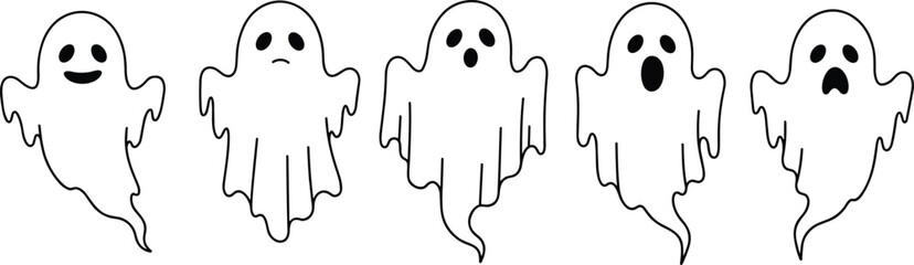 Cute cartoon ghost character set with various facial expressions for Halloween, emotion illustration, spooky design, and seasonal decorative projects