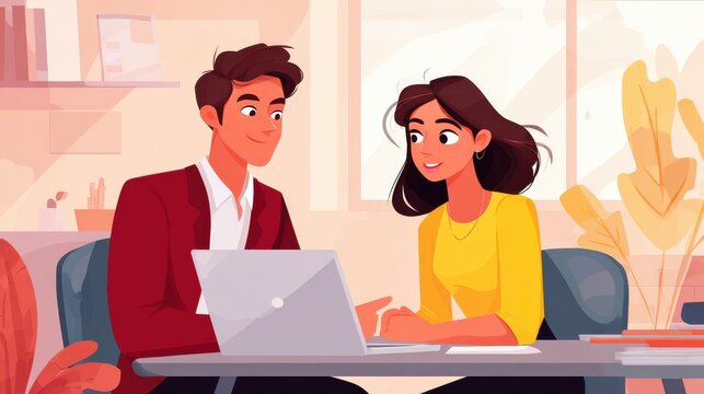 professional indian teacher executive or mentor helping latin student new employee teaching intern explaining online job using laptop computer talking having teamwork discussion in office no logos no