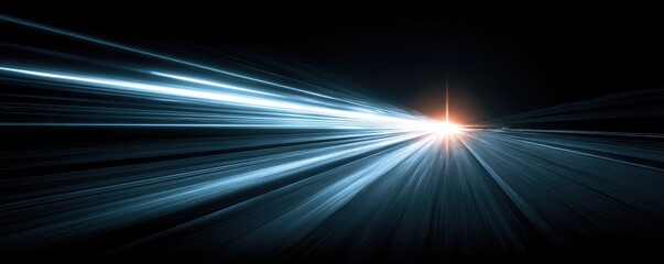 Abstract light streaks converge at a bright center, creating a sense of speed and movement against a dark background