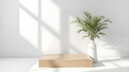 Fototapeta premium Minimalist indoor scene with a wooden pedestal and a leafy plant casting soft shadows and light on a clean white wall creating a serene and airy atmosphere for product display.