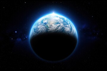 Fototapeta premium The earth viewed from space, glowing with blue oceans and white clouds against a starry galaxy background