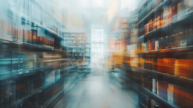 Interior of a public library that is abstractly blurred bookshelves and room are blurred