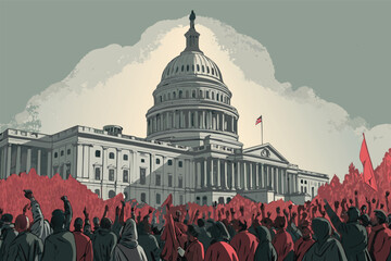 Chaotic scene, angry citizens storming government building, protestors clash with authorities, civil unrest, barricades, smoke, intense atmosphere.