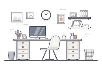 Simple Monochrome Line Art of Minimalist Home Office Interior
