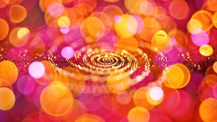 Abstract swirling golden light pattern surrounded by warm bokeh lights in vibrant pink and orange hues