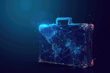 Global travel Suitcase, world map, dark blue background, journey planning