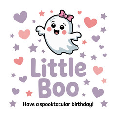 Little Boo cute baby ghost with hearts and birthday message, playful Halloween typography for card, sticker, party invitation vector