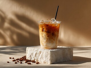 Ice americano black coffee cold brew beans in glass on wood table close up popular iced coffe menu in the summer at cofee shop copy space	