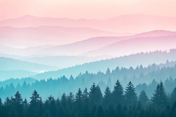 Obraz premium Serene Misty Mountains with Pastel-Colored Sky and Tranquil Scenery 