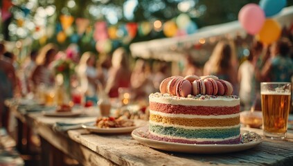 Colorful birthday cake, party, and people