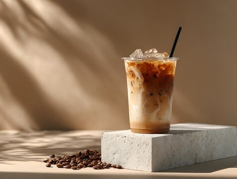 Ice americano black coffee cold brew beans in glass on wood table close up popular iced coffe menu in the summer at cofee shop copy space	