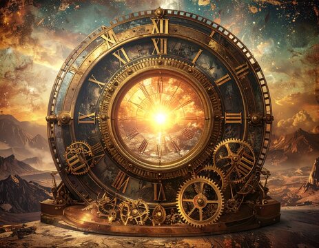 Ancient brass time portal with intricate gears and glowing cosmic center, set against a dramatic, cloudy sky, symbolizing the flow of existence and endless possibilities across time