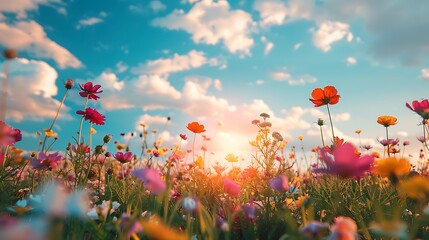 Obraz premium field of spring flowers and perfect sky