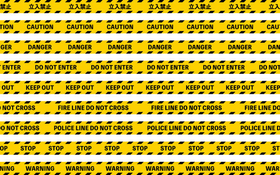 Seamless warning tape set with caution, danger, do not enter, keep out, fire line, police line, stop and warning patterns for restricted area and safety background design