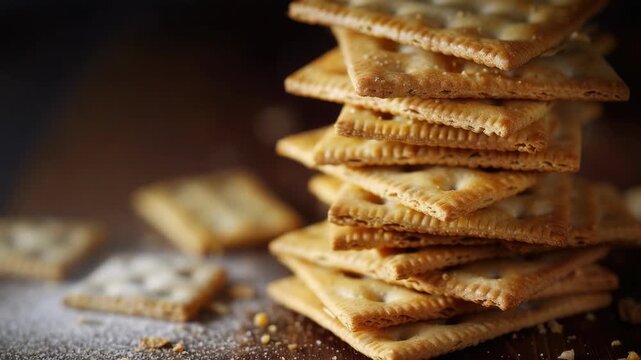 A close-up of a stack of homemade wheat crackers, freshly baked and piled high on a table. The crackers have a crispy texture with a sweet sugar coating on top.