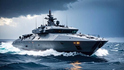 Modern Naval Warship Sailing in Rough Ocean.