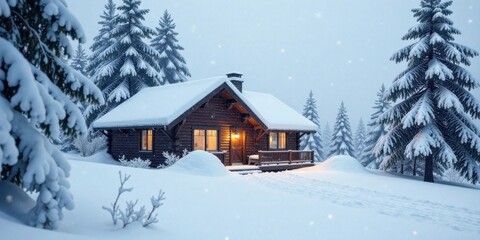 Fototapeta premium Secluded Winter Cabin Amidst a Snow-Covered Forest, Illuminated by a Warm Glow