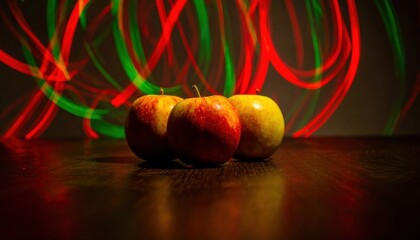 Three Apples with Red and Green Light Streaks on Wooden Surface