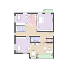 Plan of an abstract furnished apartment with two bathrooms, a balcony and a loggia.