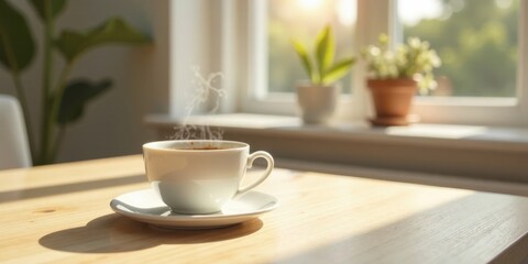 Morning sunlight warms a steaming cup of coffee on a wooden table, near a window with potted plants