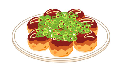 皿に盛ったネギをかけたたこ焼きのイラスト