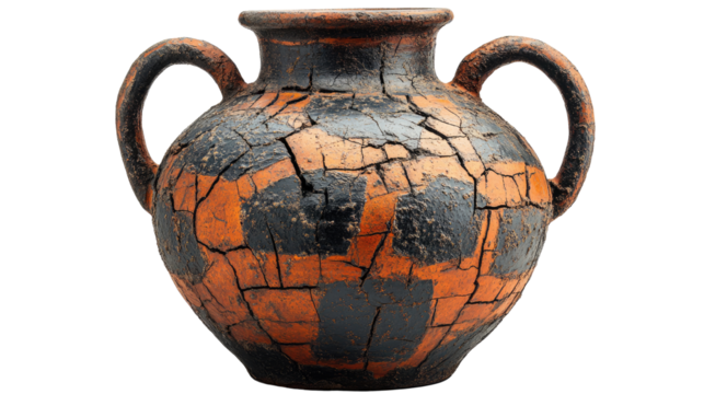 Ancient cracked amphora cut out on white background