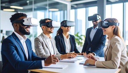 Diverse business team using VR headsets in a modern office