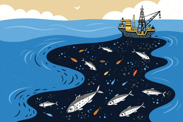 Naklejka premium -oil-spill-floating-on-ocean-surface-with-dead-fis.eps