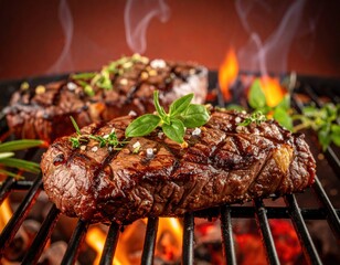 Grilled steaks with herbs on barbecue grill