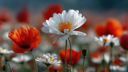 Vibrant white daisy and red poppies