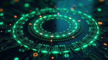 Futuristic Technological Interface Glowing Green Circuitry and Digital Data Streams on a Circular Panel