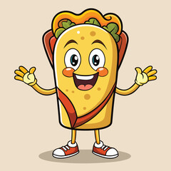 A delightful anthropomorphic burrito character illustration with a cheerful expression perfect for food branding and playful designs