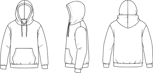 A design illustration of a hoodie featuring three views, white back ground, vector  