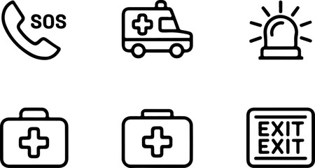 Black and white vector icons depicting emergency services and safety measures in a grid layout
