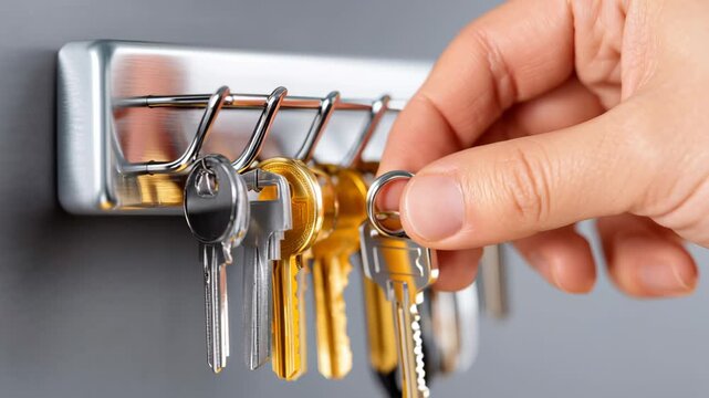 Keys hanging on metal rack with hand holding one key for college dorm essentials lock security organization and easy access living