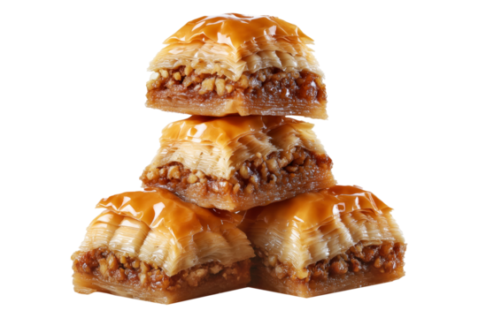 Traditional Turkish baklava filled with pistachios and syrup, cut square triangle isolated on white transparent background, symbolizing sweet cuisine