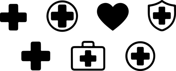 Fototapeta premium A collection of medical icons including crosses hearts and a medical kit in black and white style
