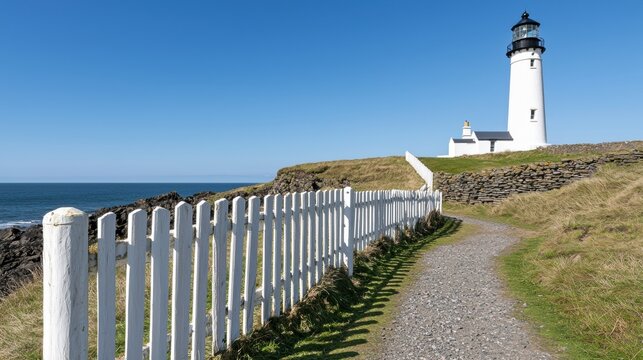 A white lighthouse with a black top stands on a grassy hill overlooking the ocean.