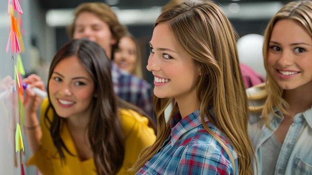 Smiling young college students casual clothes gather for dorm essentials group planning and collaboration with colorful sticky