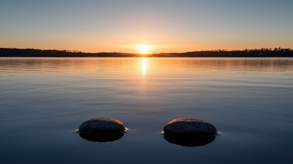 Sunset over a lake with two rocks in the foreground.