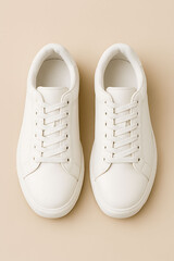 Pair of white sneakers on a cream background