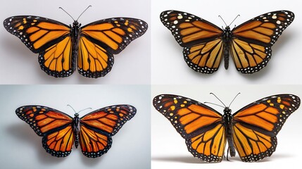 Four overhead shots of monarch butterflies, showcasing variations in orange and black wing coloration and subtle differences in wing positioning against a plain white background