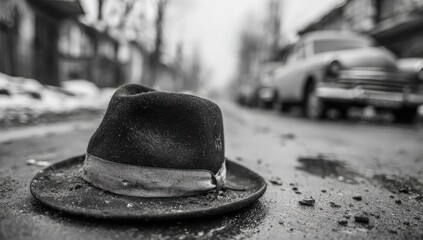 Black hat on a city street, snow