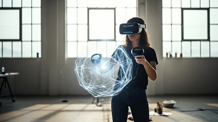 A female creator in a studio using a VR headset and controllers to sculpt a complex digital light structure.
