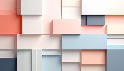 Layered pastel blocks in pink, blue, peach, and white arranged in a geometric grid with overlapping depth and soft shadows.