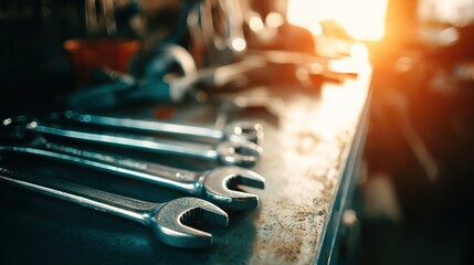 Fototapeta premium Close-up view of neatly arranged mechanical tools on a workbench, showcasing metallic textures under soft lighting.