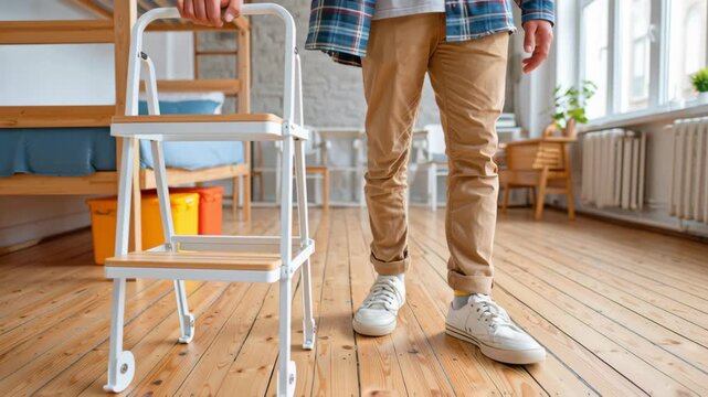 College dorm essentials feature step stool for easy access cozy dorm room with wooden floor creating practical and comfortable