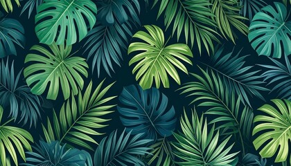 Tropical foliage pattern with dense overlapping green leaves in varied shapes and sizes.