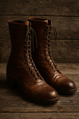 Brown leather combat boots on wooden surface