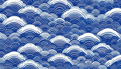 Traditional Japanese wave pattern in bold blue and white, featuring stylized ocean crests and swirling foam in horizontal rows.